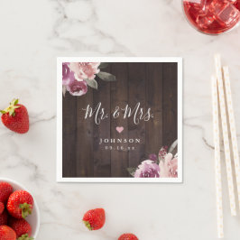 Mauve lila blommigt Rustic wood Mr & Mrs bröllop Pappersservett
