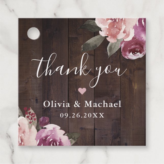 Mauve lila blommigt, rustiskt trä tack bröllop gåvor etiketter (Framsida)