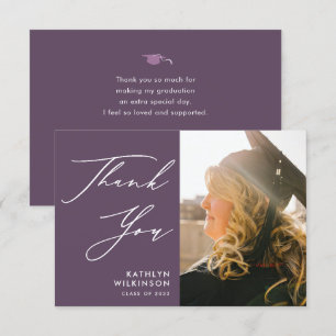 Mauve Lila Elegant Script Photo Studenten Tack Kort