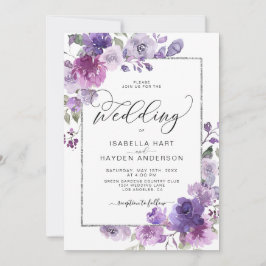 Mauve Lila Lilac Blommigt Silver FoilFrame Bröllop Inbjudningar