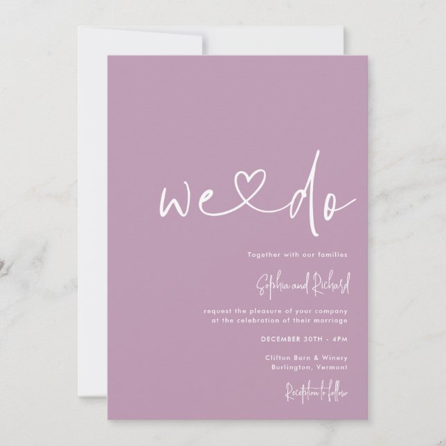 Mauve Lila Minimalist Script Modern Bröllop Inbjudningar (Framsida)