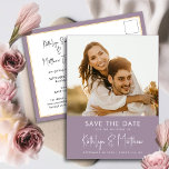 Mauve Lila Modern Photo Bröllop spara datum Meddelande Vykort<br><div class="desc">Mauve Lila Roligt Skriver Modern Photo Minimalist Bröllop spara datum Announcement Postcard. Låt er familj, vänner och kolleger veta att ni har fastställt ett datum för ert bröllop firande med detta elegant, snyggt och det moderna bröllop spara datum-inbjudan. Alla texterna är i förväg ordnade så att du enkelt och snabbt...</div>