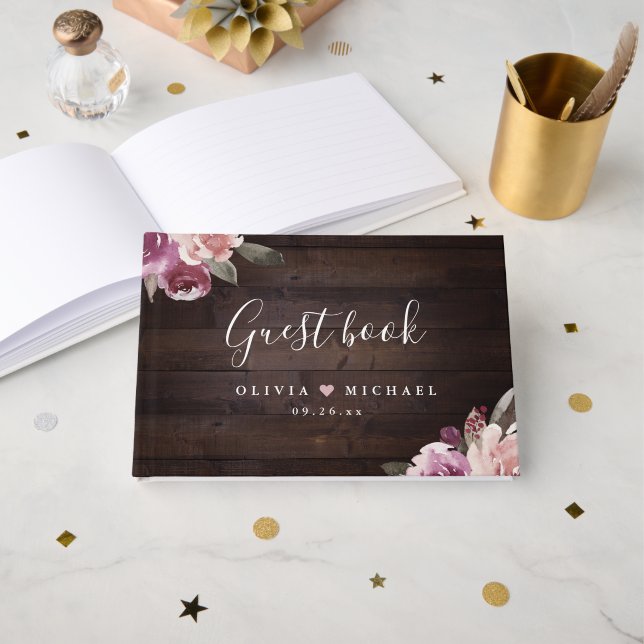 Mauve lila & mulberry blommigt rustik wood bröllop gästböcker (Framsida öppen)