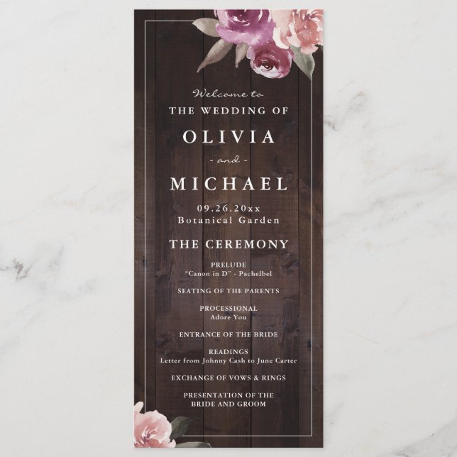 Mauve lila & mulberry blommigt rustik wood bröllop meny (Framsida)