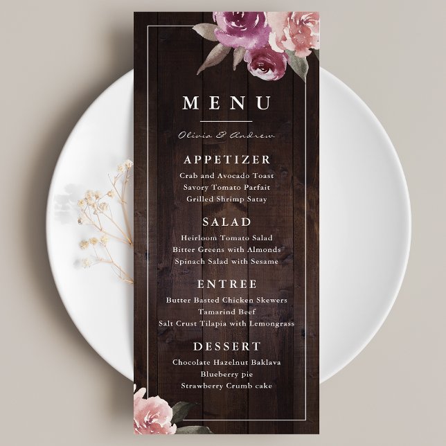 Mauve lila & mulberry blommigt rustik wood bröllop meny (Mauve purple & mulberry floral rustic wood wedding menu)