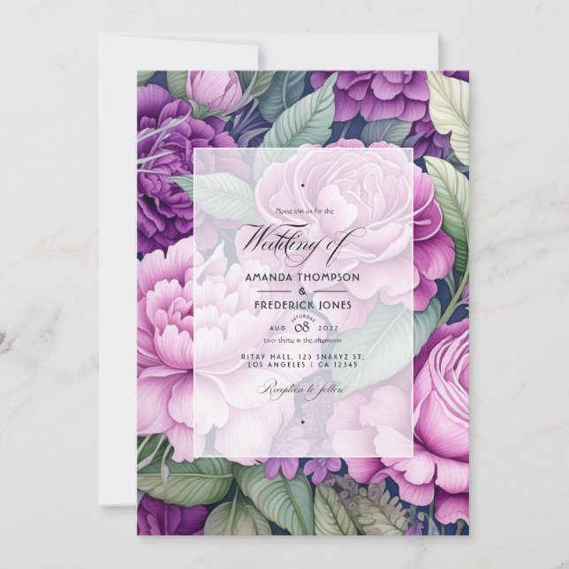 Mauve Lila och Greenery Blommigt Bröllop Inbjudningar (Framsida)