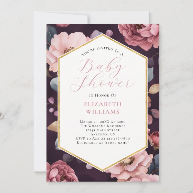 Mauve Lila Rosa Guld Peonies Baby Shower Inbjudningar (Framsida)