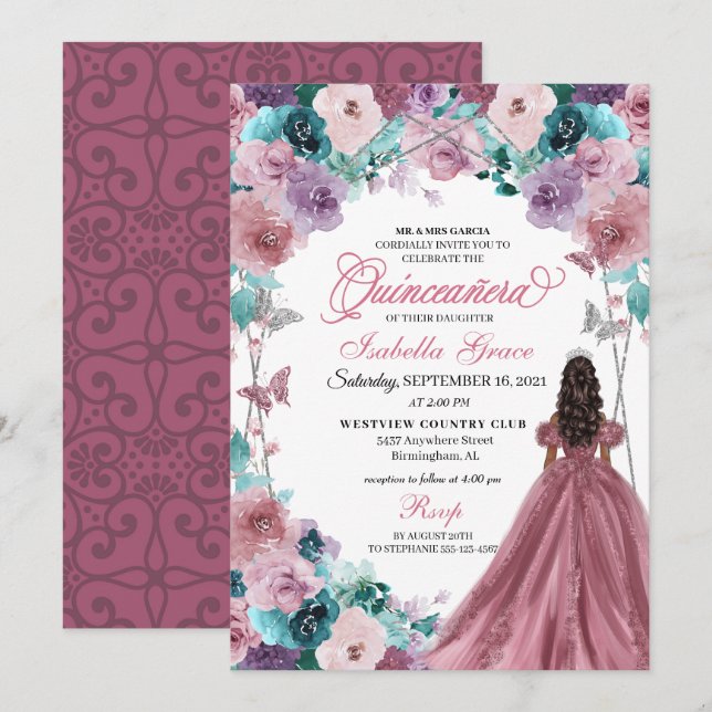 Mauve Lila Teal Rosa Sunset Quinceanera Inbjudningar (Fram/baksida)
