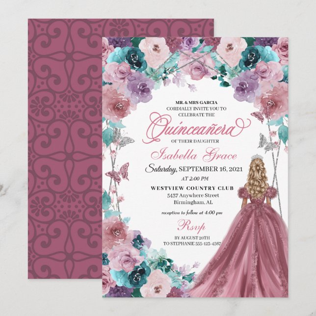 Mauve Lila Teal Rosa Sunset Quinceanera Inbjudningar (Fram/baksida)