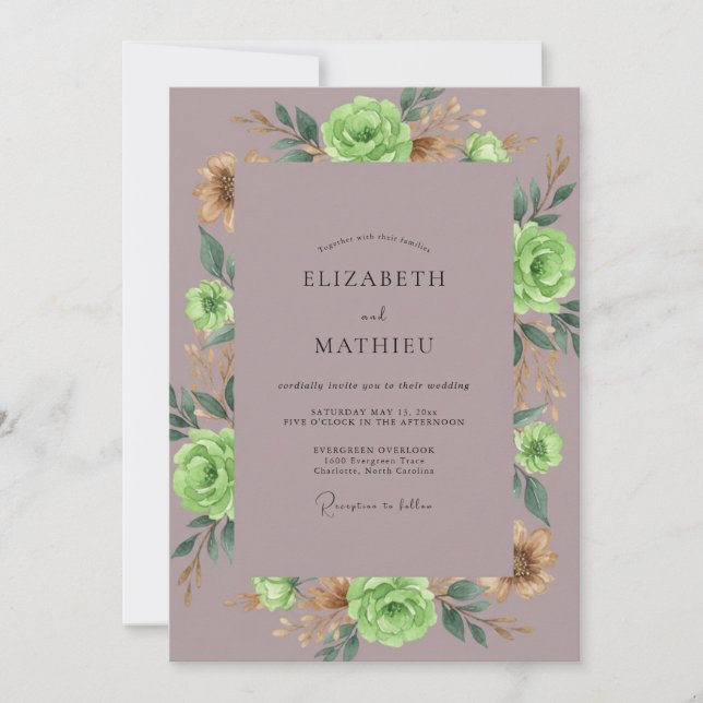Mauve Lime Peony Bröllop Inbjudningar (Framsida)
