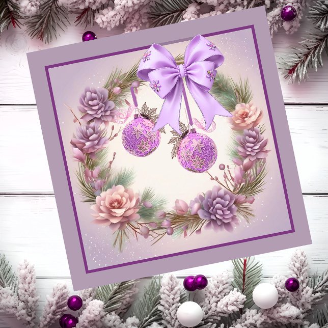 Mauve-magnetkort för julkrans (Pink wreath with Christmas balls.)