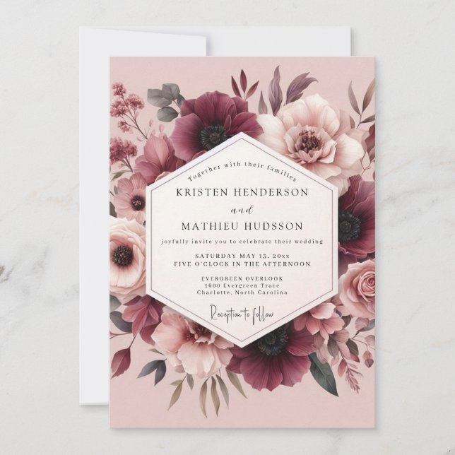 Mauve & Maroon Romantisk Blommande Bröllop Inbjudningar (Framsida)