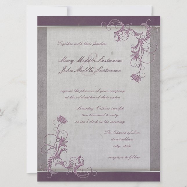 Mauve Metallic Effect Blommigt Gräns Changable BG Inbjudningar (Framsida)