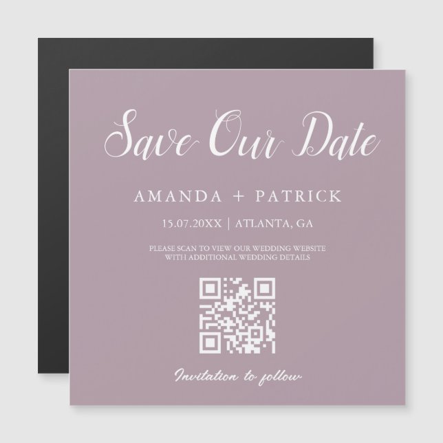 Mauve Minimalist QR Code Spara datum magneter (Fram/baksida)