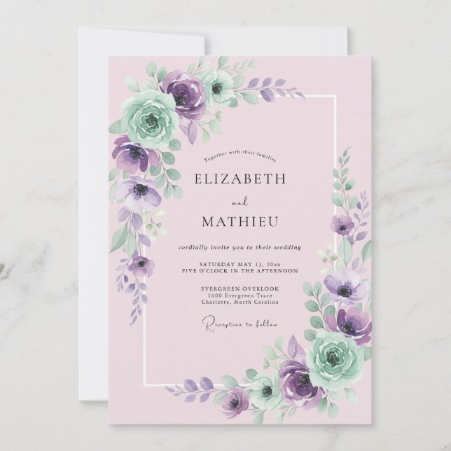Mauve Mint Peony Bröllop Inbjudningar (Framsida)