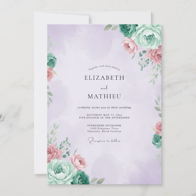 Mauve Mint Ranunculus Eucalyptus Bröllop Inbjudningar (Framsida)