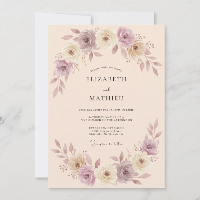 Mauve Mjuk Blomromans Bröllop Inbjudningar (Framsida)