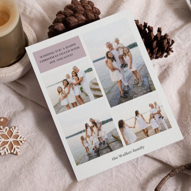 Mauve Modern Neutralt 4 Photo Elegant Julkort (A modern four-photo Christmas card with clean design and neutral festive details.)