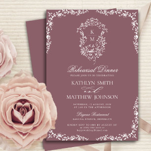 Mauve Monogram Vintage Vapensköld Rehearsal Dinner Inbjudningar