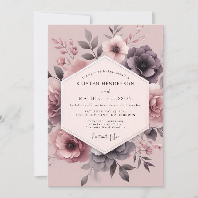Mauve Moody Blossom Bröllop Inbjudningar (Framsida)