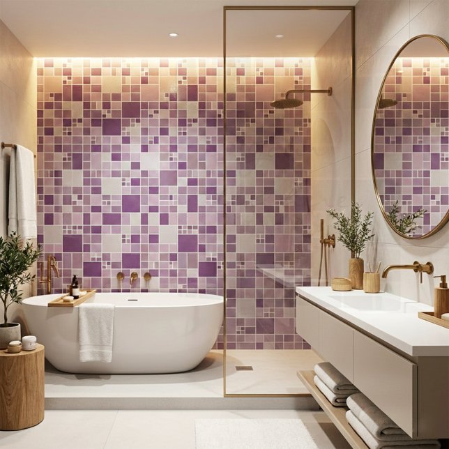 Mauve Mosaic Mönster Kitchen Bathroom Tile Kakelplatta (Bathroom tile featuring a geometric mosaic style design in mauve, purple and lilac)
