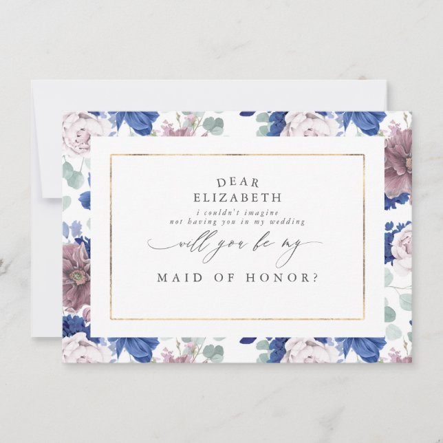 Mauve Navy Blue Blommigt Bridesmaid Maid of honor Inbjudningar (Framsida)