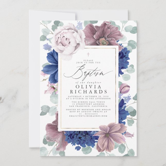 Mauve och Blåa blommor Elegant Baptism Inbjudningar (Framsida)