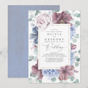 Mauve och Dusty Blåa blommor Elegant bröllop Inbjudningar