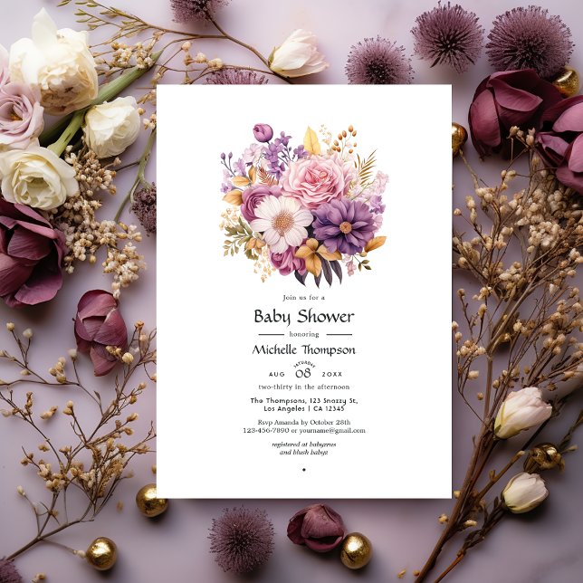 Mauve och Guld Blommigt Baby Shower Inbjudningar (Skapare uppladdad)
