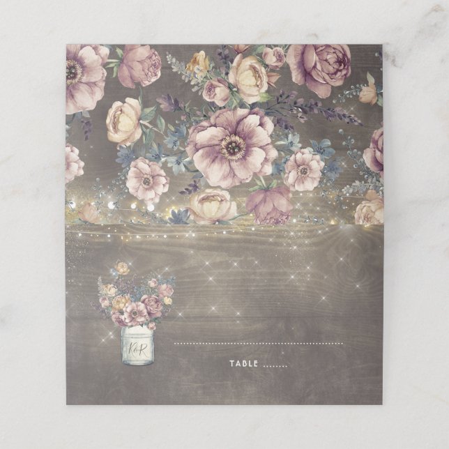 Mauve och Guld Blommigt Mason Burk Rustic Bröllop Placeringskort (Utvändigt utvikt)