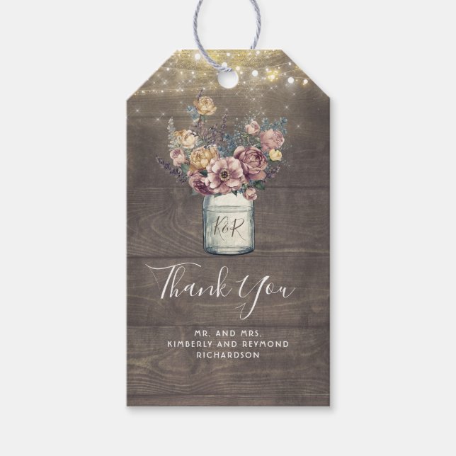 Mauve och Guld Blommigt Mason Burk Rustic Bröllop Presentetikett (Framsidan)