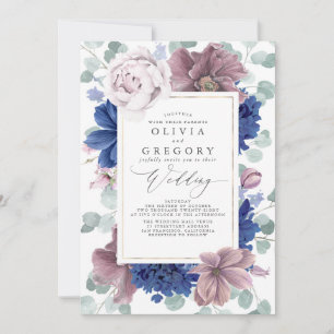 Mauve och Navy Blåa blommor Elegant bröllop Inbjudningar