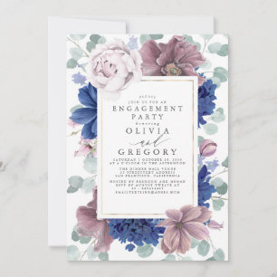 Mauve och Navy Blåa blommor Förlovningsfest Inbjudningar