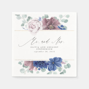 Mauve och Navy Blue Blommigt Botanical Mr. och Mrs Pappersservett