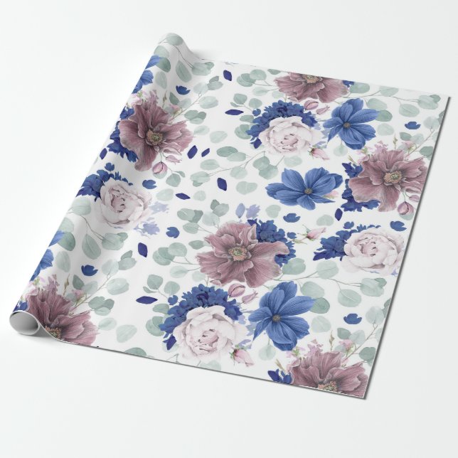 Mauve och Navy Blue Botanical Blommigt Elegant Presentpapper (Utrullad)