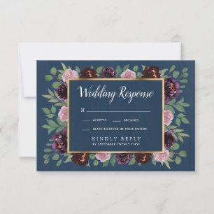 Mauve och Navy Blue Guld Plum Bröllop OSA Card Kort