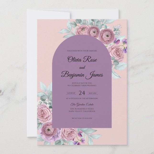 Mauve Orkidé Bouquet Bröllop Inbjudningar (Framsida)
