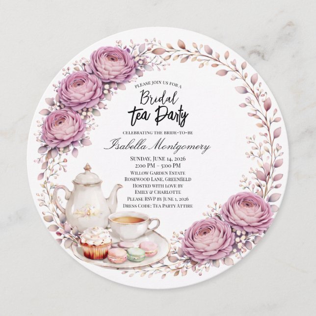 Mauve Palett Tea Party Bröllopsdusch Inbjudningar (Framsida)