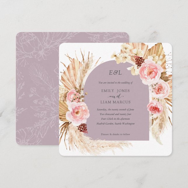 Mauve Pampas Grass Boho Blommigt Square Bröllop Inbjudningar (Fram/baksida)