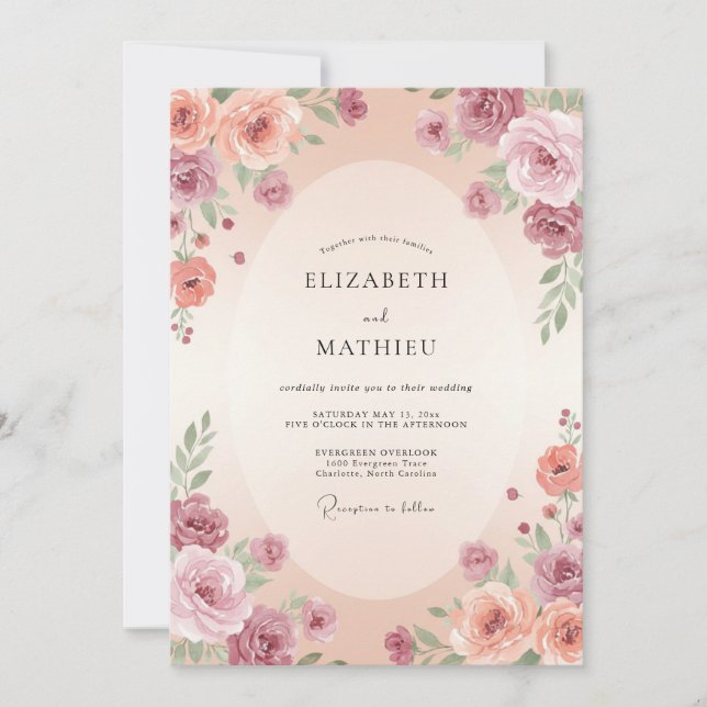 Mauve Peach Blommig Omfamning Bröllop Inbjudningar (Framsida)