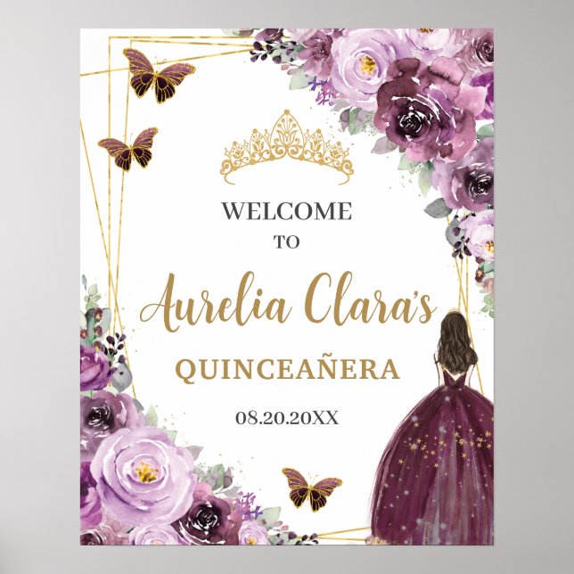 Mauve Plum Lila Blommigt Princess Guld Quinceañera Poster (Framsidan)