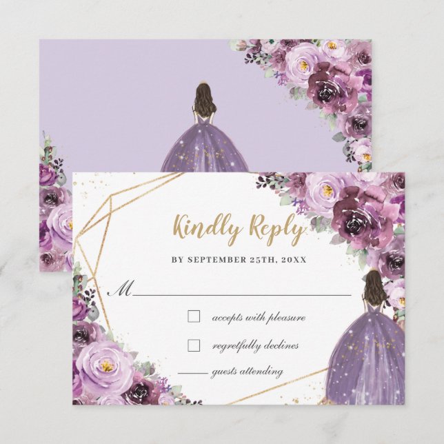 Mauve Plum Lila Blommigt Quinceañera Princess OSA Kort (Fram/baksida)