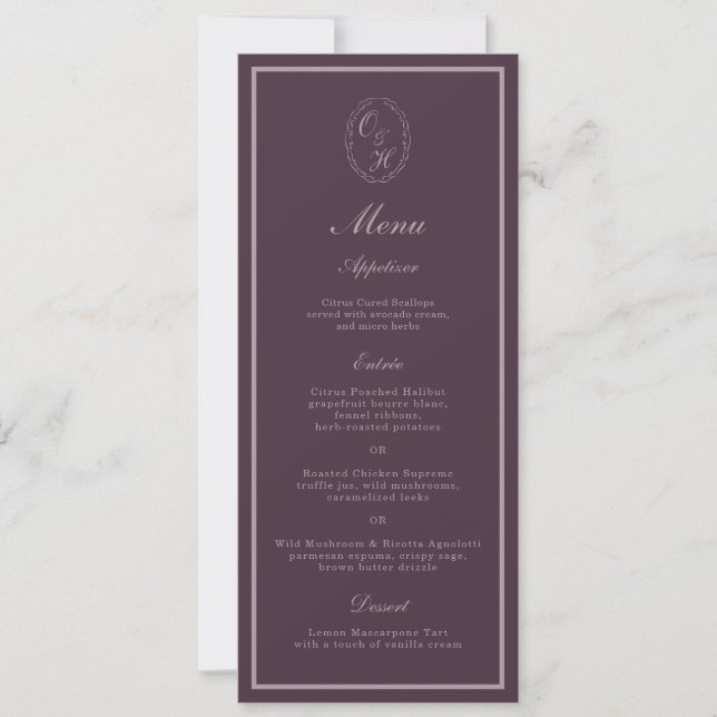 Mauve Plum Monogram Wedding Long Menu Inbjudningar (Framsida)