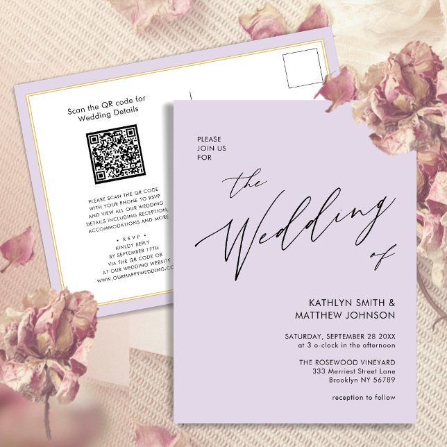 Mauve QR-kod allt i ett modernt skript Bröllop Inbjudan Vykort (Skapare uppladdad)