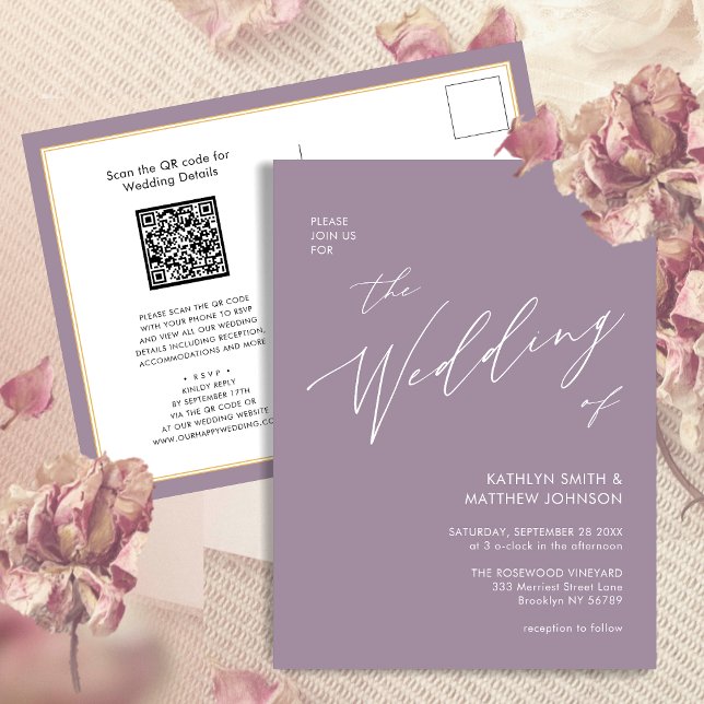 Mauve QR-kod allt i ett modernt skript Bröllop Inbjudan Vykort (Skapare uppladdad)