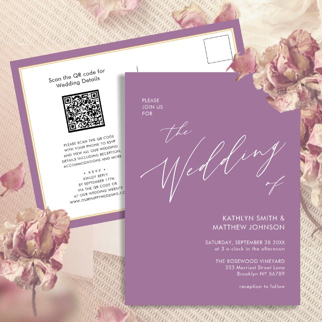Mauve QR-kod allt i ett modernt skript Bröllop Inbjudan Vykort (Skapare uppladdad)