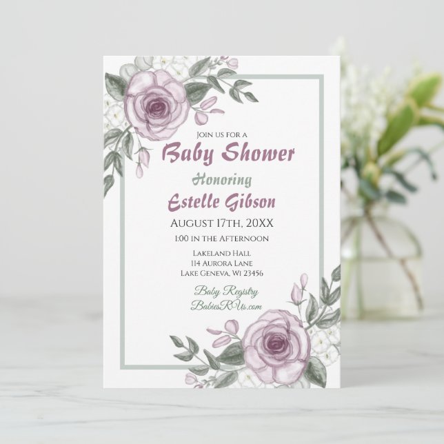 Mauve Ro Girl Blommigt Baby Shower Inbjudningar (Stående Fram)