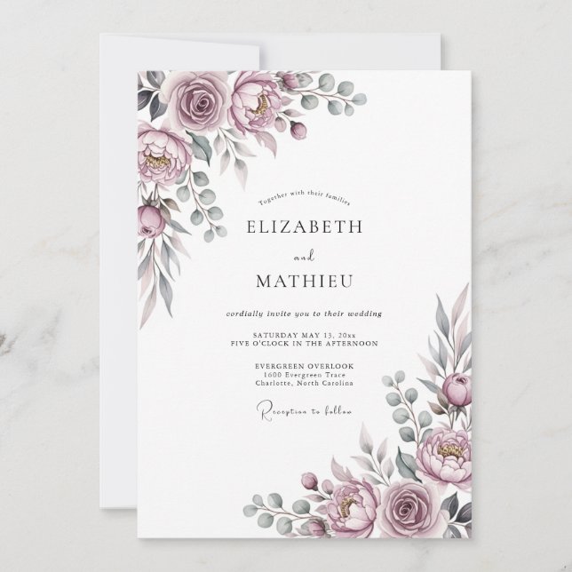 Mauve Romantic Floral Wedding Inbjudningar (Framsida)