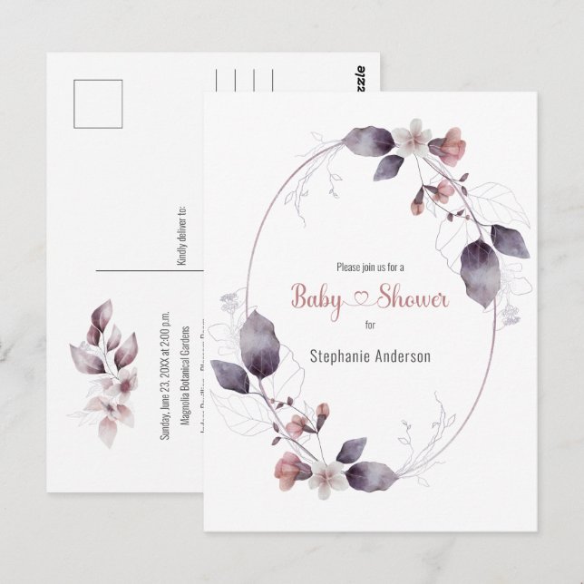 Mauve Rosa Blommigt Botanical Baby Shower-inbjudan Vykort (Fram/baksida)