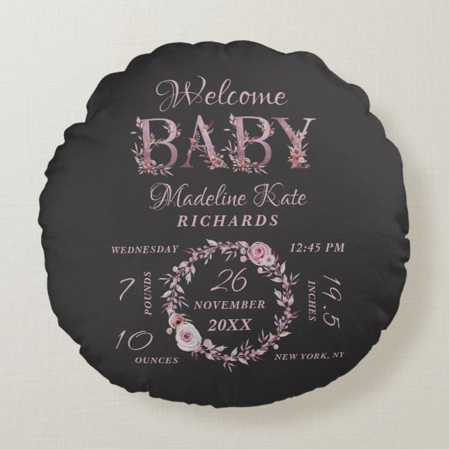 Mauve Rosa Elegant Blommigt Flicka Birdstat Rund Kudde (Framsidan)